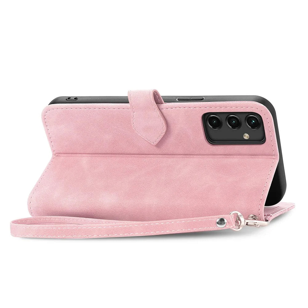 For Samsung Galaxy A14 5G / A14 4G Zipper Wallet Case with Strap Flower Imprint PU Leather Phone Cover - Pink - 4
