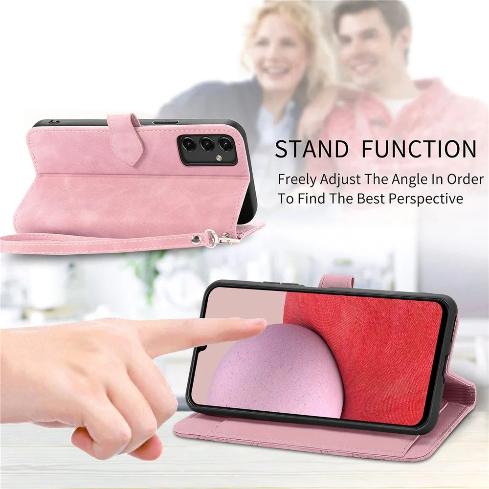 For Samsung Galaxy A14 5G / A14 4G Zipper Wallet Case with Strap Flower Imprint PU Leather Phone Cover - Pink - 5