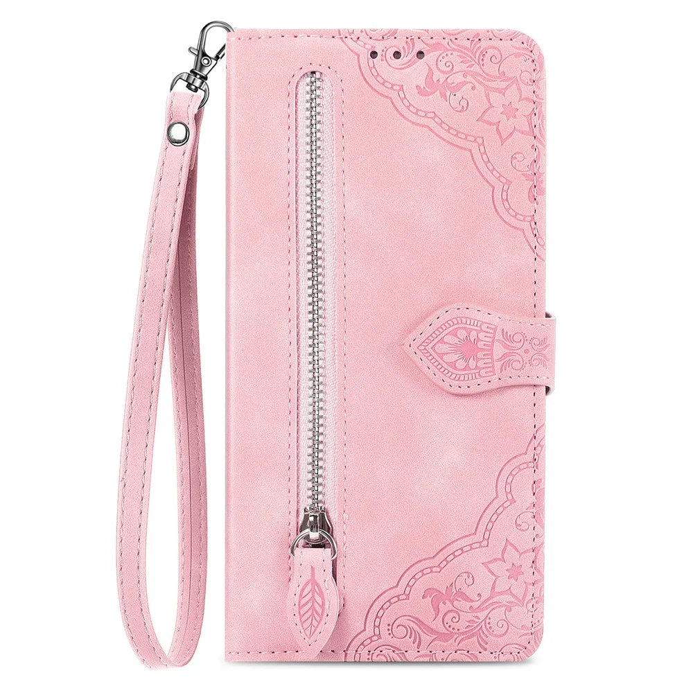 For Samsung Galaxy A14 5G / A14 4G Zipper Wallet Case with Strap Flower Imprint PU Leather Phone Cover - Pink - 6