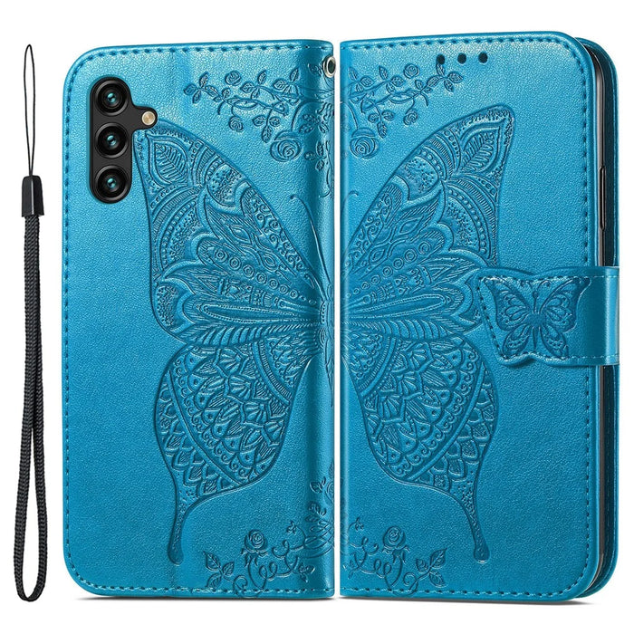 For Samsung Galaxy A14 5G / A14 4G Case Imprinted Butterfly Pattern PU Leather Wallet Cover Stand with Strap - Blue - 1