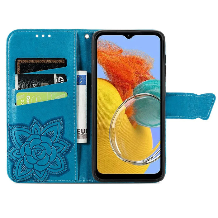 For Samsung Galaxy A14 5G / A14 4G Case Imprinted Butterfly Pattern PU Leather Wallet Cover Stand with Strap - Blue - 2