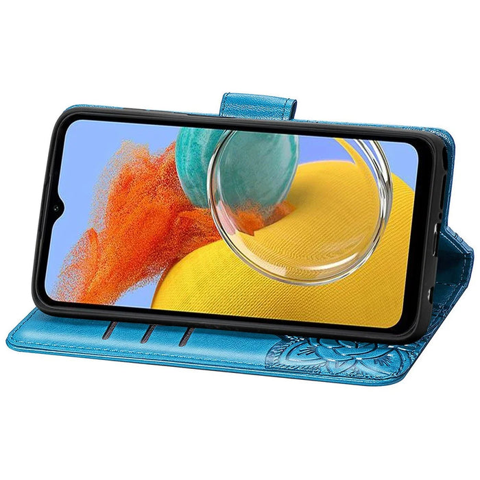 For Samsung Galaxy A14 5G / A14 4G Case Imprinted Butterfly Pattern PU Leather Wallet Cover Stand with Strap - Blue - 3