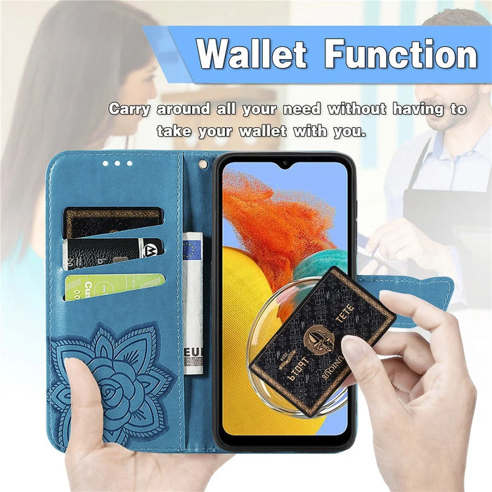 For Samsung Galaxy A14 5G / A14 4G Case Imprinted Butterfly Pattern PU Leather Wallet Cover Stand with Strap - Blue - 4
