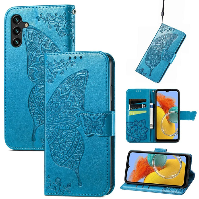 For Samsung Galaxy A14 5G / A14 4G Case Imprinted Butterfly Pattern PU Leather Wallet Cover Stand with Strap - Blue - 5