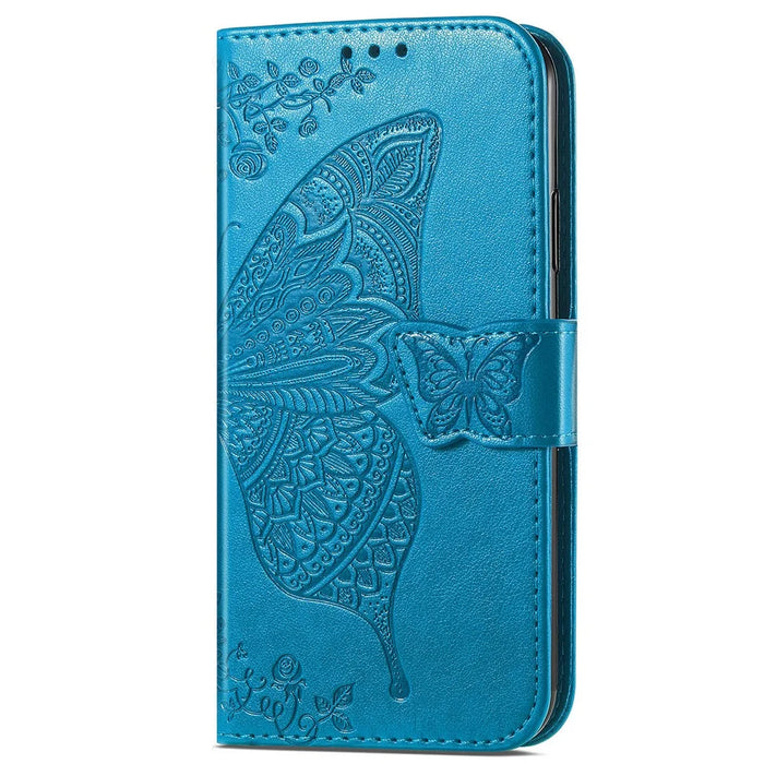 For Samsung Galaxy A14 5G / A14 4G Case Imprinted Butterfly Pattern PU Leather Wallet Cover Stand with Strap - Blue - 6