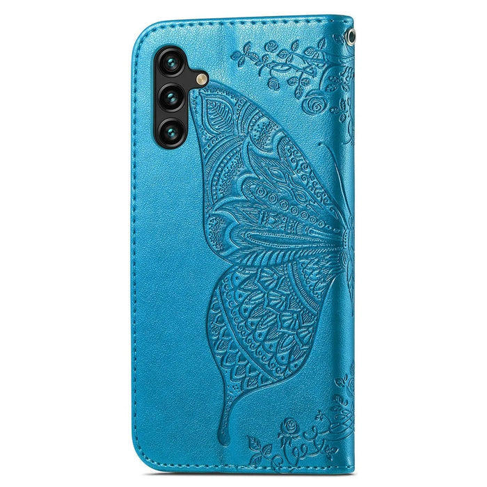 For Samsung Galaxy A14 5G / A14 4G Case Imprinted Butterfly Pattern PU Leather Wallet Cover Stand with Strap - Blue - 7