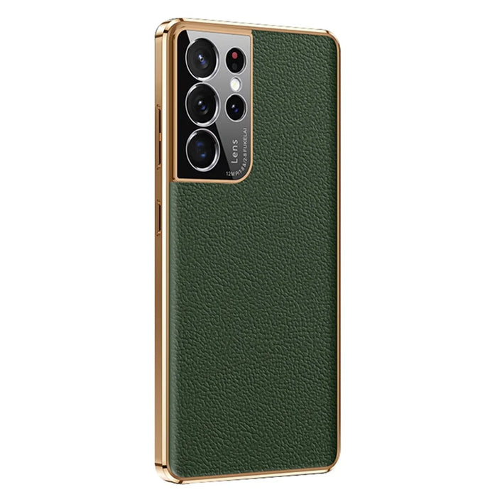 For Samsung Galaxy S23 Ultra Shockproof Phone Cover Camera Protection Genuine Leather Coated PC Electroplating Back Case - Green - 1