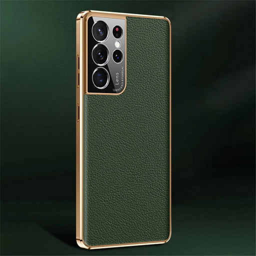 For Samsung Galaxy S23 Ultra Shockproof Phone Cover Camera Protection Genuine Leather Coated PC Electroplating Back Case - Green - 2