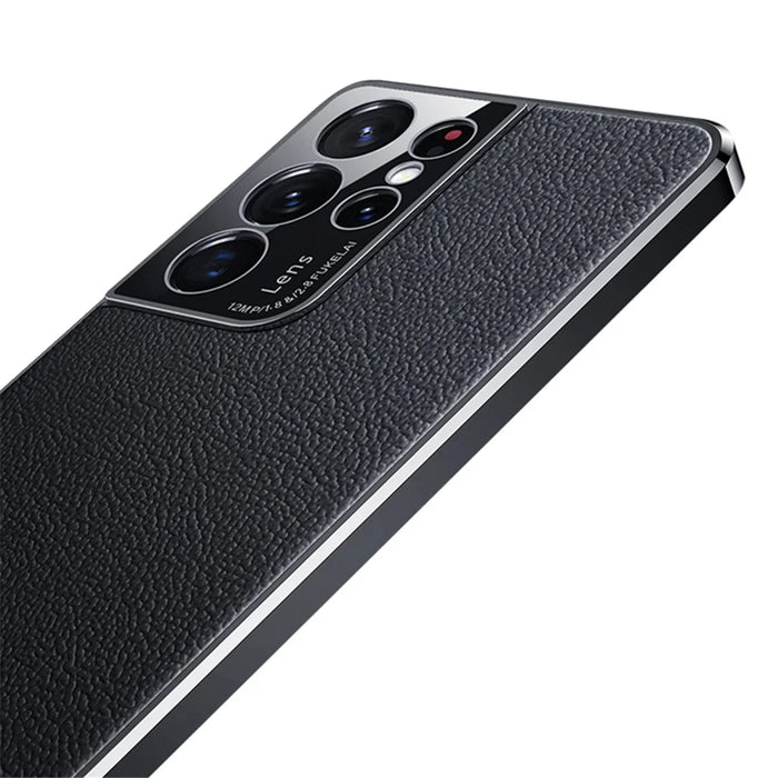 For Samsung Galaxy S23 Ultra Shockproof Phone Cover Camera Protection Genuine Leather Coated PC Electroplating Back Case - Green - 4