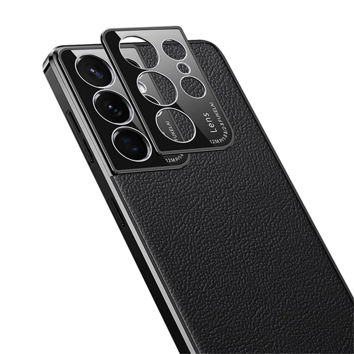 For Samsung Galaxy S23 Ultra Shockproof Phone Cover Camera Protection Genuine Leather Coated PC Electroplating Back Case - Green - 5