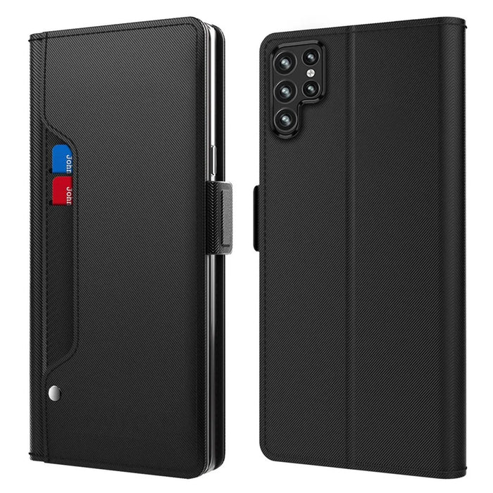 For Samsung Galaxy S22 Ultra 5G PU Leather Smartphone Case Card Holder Stand Dual Magnetic Clasp Anti-drop Protective Cell Phone Cover with Makeup Mirror - Black - 1