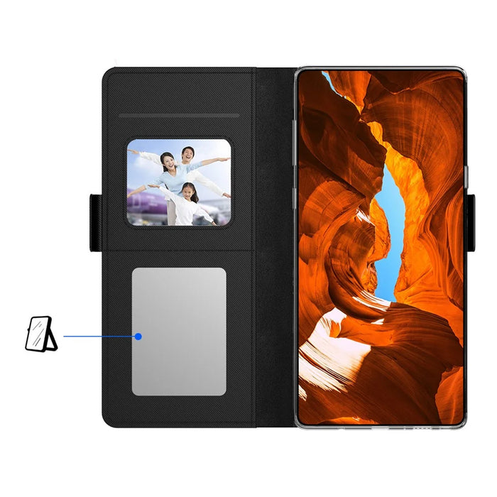 For Samsung Galaxy S22 Ultra 5G PU Leather Smartphone Case Card Holder Stand Dual Magnetic Clasp Anti-drop Protective Cell Phone Cover with Makeup Mirror - Black - 3