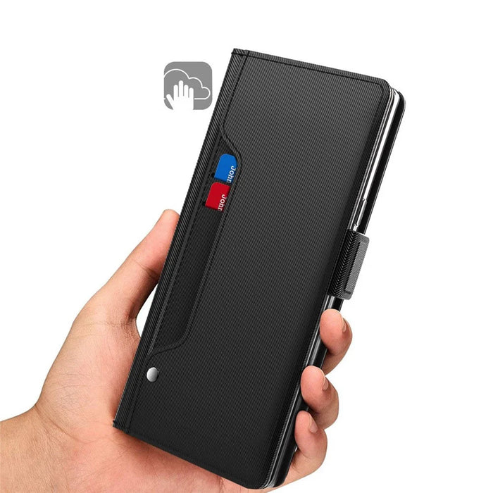 For Samsung Galaxy S22 Ultra 5G PU Leather Smartphone Case Card Holder Stand Dual Magnetic Clasp Anti-drop Protective Cell Phone Cover with Makeup Mirror - Black - 7