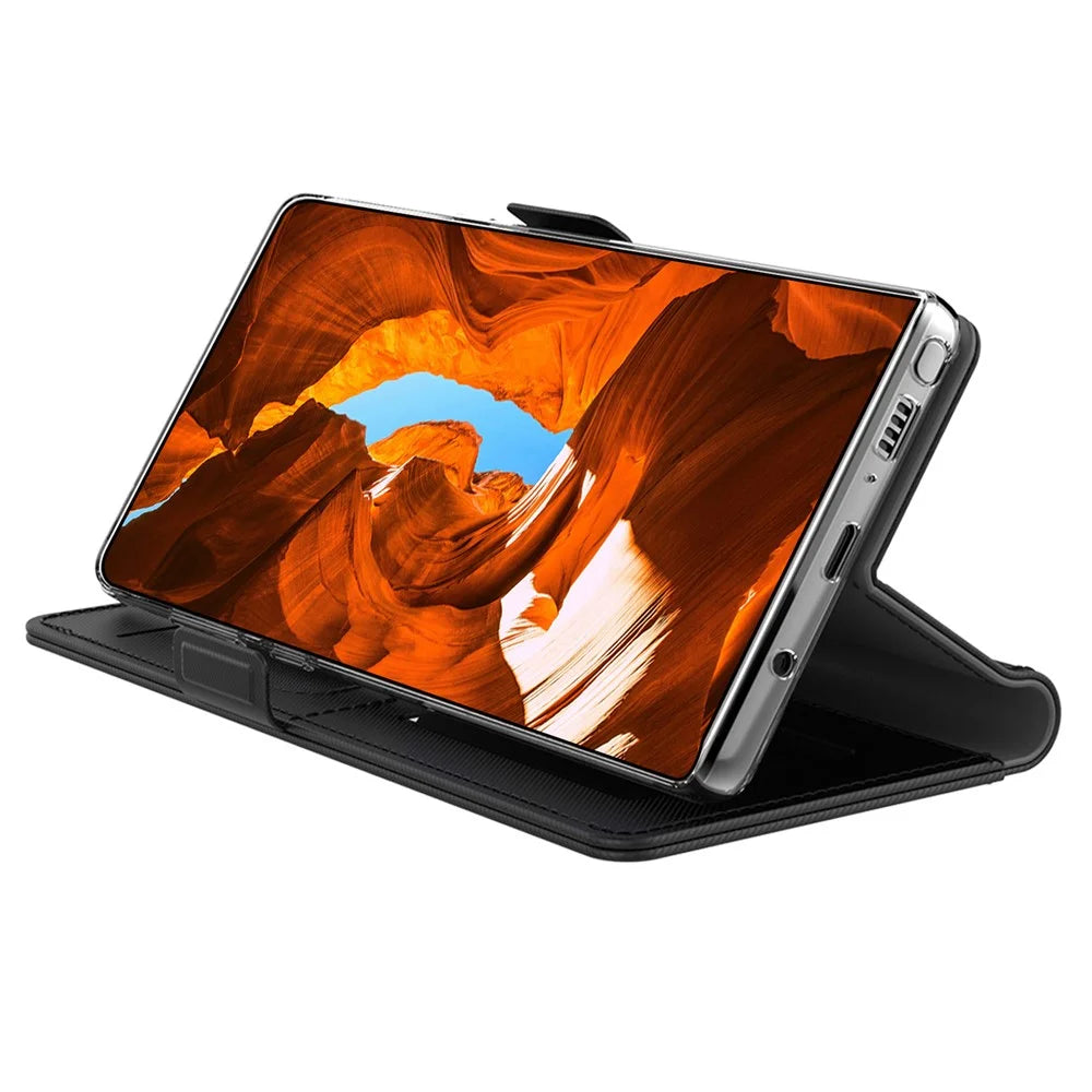 For Samsung Galaxy S23 Ultra PU Leather+TPU Shockproof Cell Phone Case Foldable Stand Card Holder Magnetic Phone Cover with Makeup Mirror - Black - 2
