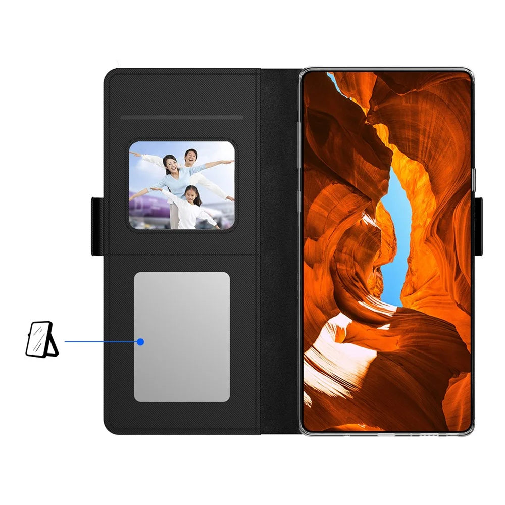 For Samsung Galaxy S23 Ultra PU Leather+TPU Shockproof Cell Phone Case Foldable Stand Card Holder Magnetic Phone Cover with Makeup Mirror - Black - 3