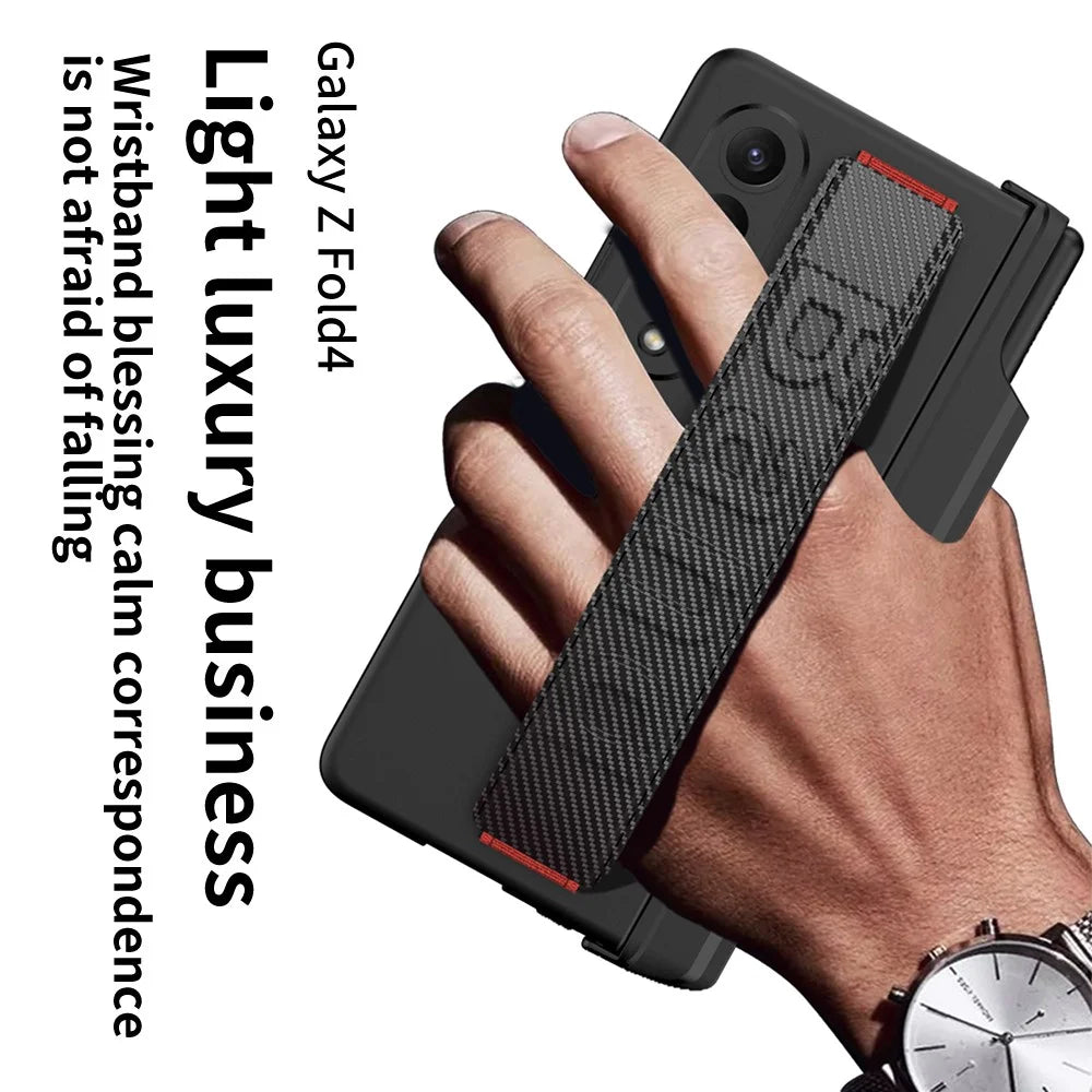 GKK For Samsung Galaxy Z Fold4 5G Wristband Kickstand Magnetic Hinge PC Case Pen Slot Folding Phone Cover with Tempered Glass Screen Film - Green - 2