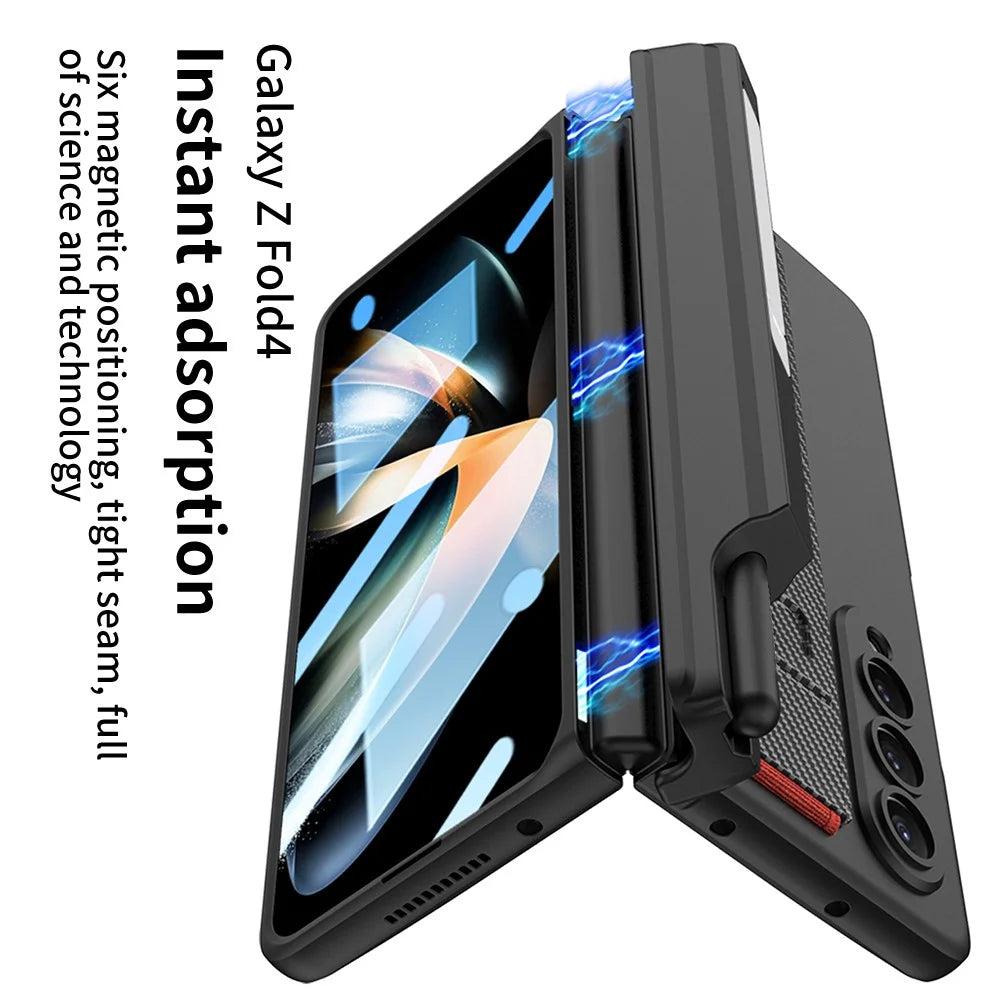 GKK For Samsung Galaxy Z Fold4 5G Wristband Kickstand Magnetic Hinge PC Case Pen Slot Folding Phone Cover with Tempered Glass Screen Film - Green - 3