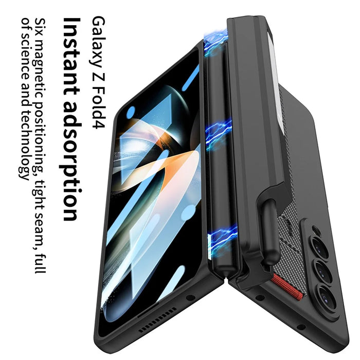 GKK For Samsung Galaxy Z Fold4 5G Wristband Kickstand Magnetic Hinge PC Case Pen Slot Folding Phone Cover with Tempered Glass Screen Film - Green - 3