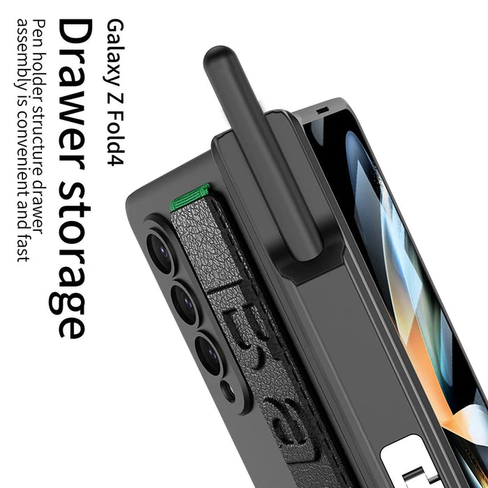 GKK For Samsung Galaxy Z Fold4 5G Wristband Kickstand Magnetic Hinge PC Case Pen Slot Folding Phone Cover with Tempered Glass Screen Film - Green - 4