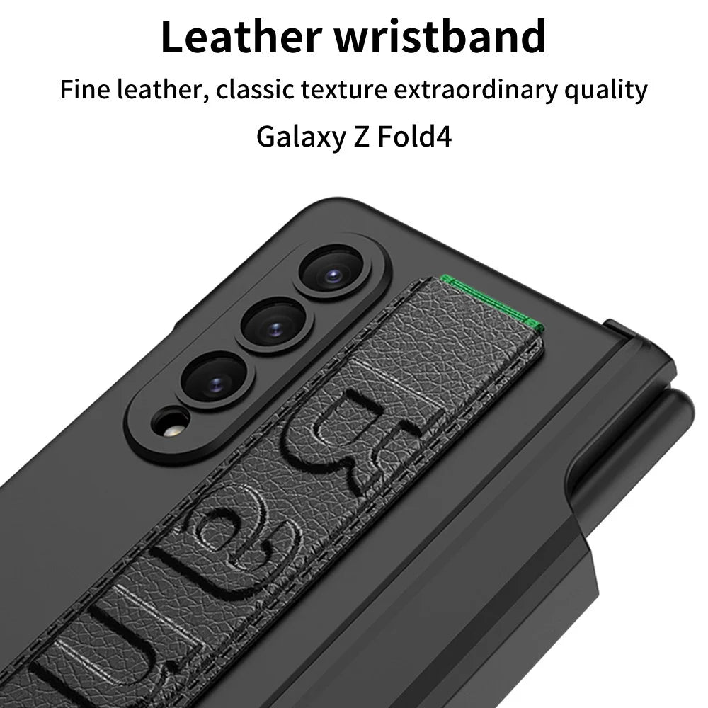 GKK For Samsung Galaxy Z Fold4 5G Wristband Kickstand Magnetic Hinge PC Case Pen Slot Folding Phone Cover with Tempered Glass Screen Film - Green - 5