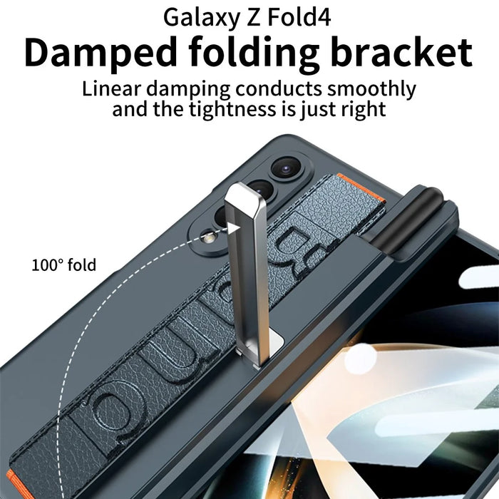 GKK For Samsung Galaxy Z Fold4 5G Wristband Kickstand Magnetic Hinge PC Case Pen Slot Folding Phone Cover with Tempered Glass Screen Film - Green - 6