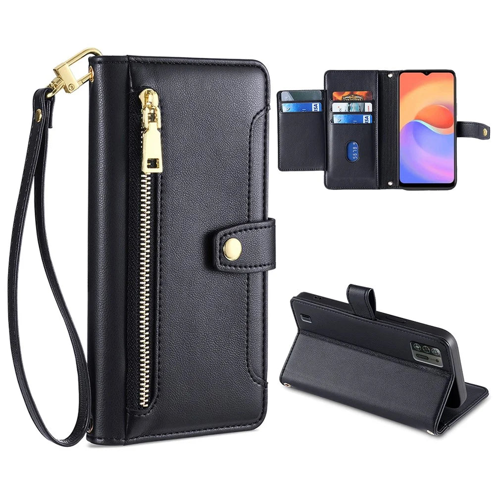 For ZTE Blade A52 Lite 4G Full Protection PU Leather Stand Case Zipper Pocket Card Slots Flip Phone Cover with Wrist Strap and Shoulder Strap - Black - 1