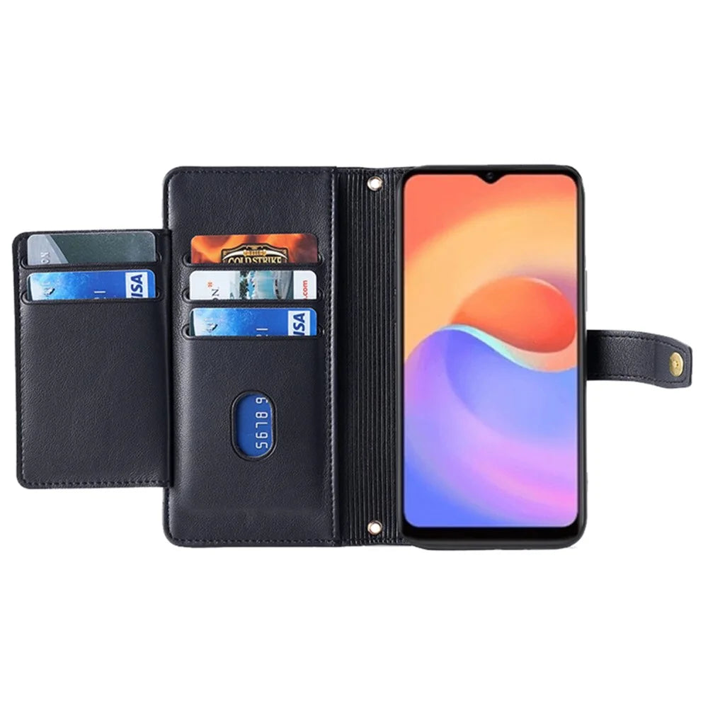 For ZTE Blade A52 Lite 4G Full Protection PU Leather Stand Case Zipper Pocket Card Slots Flip Phone Cover with Wrist Strap and Shoulder Strap - Black - 2