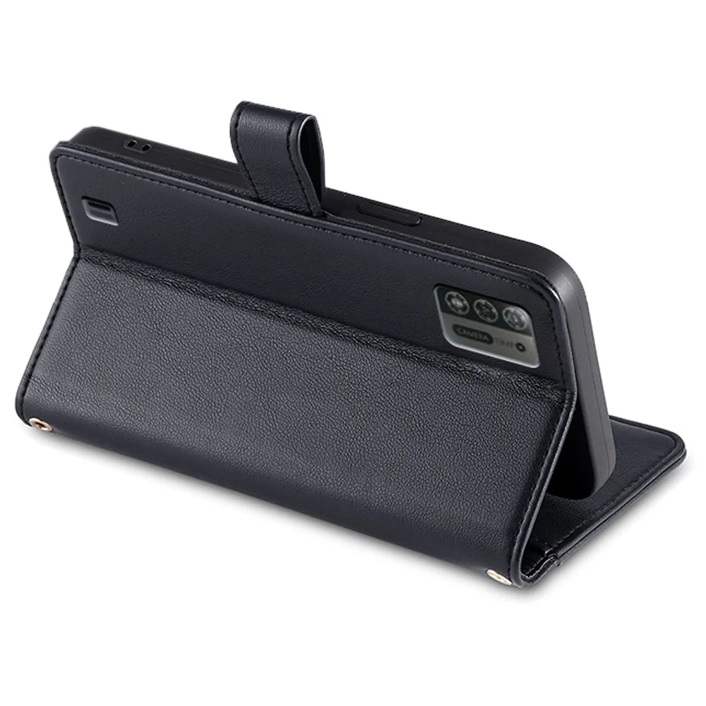 For ZTE Blade A52 Lite 4G Full Protection PU Leather Stand Case Zipper Pocket Card Slots Flip Phone Cover with Wrist Strap and Shoulder Strap - Black - 3