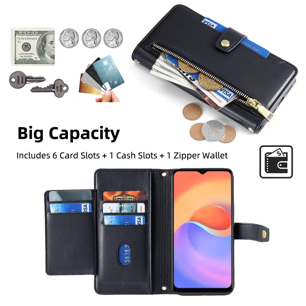 For ZTE Blade A52 Lite 4G Full Protection PU Leather Stand Case Zipper Pocket Card Slots Flip Phone Cover with Wrist Strap and Shoulder Strap - Black - 4