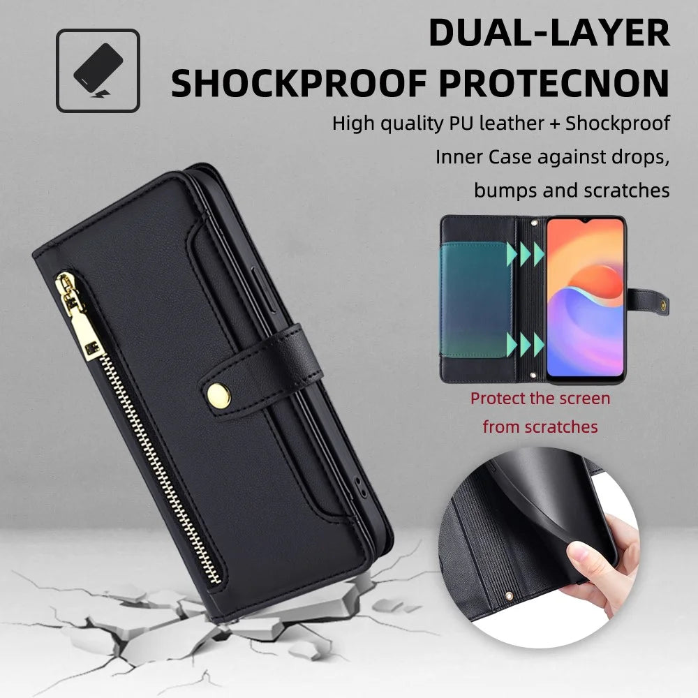 For ZTE Blade A52 Lite 4G Full Protection PU Leather Stand Case Zipper Pocket Card Slots Flip Phone Cover with Wrist Strap and Shoulder Strap - Black - 6