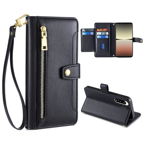 For Sony Xperia 5 IV 5G Book Style PU Leather Stand Case Zipper Pocket Card Slots Flip Phone Cover with Wrist Strap and Shoulder Strap - Black - 1