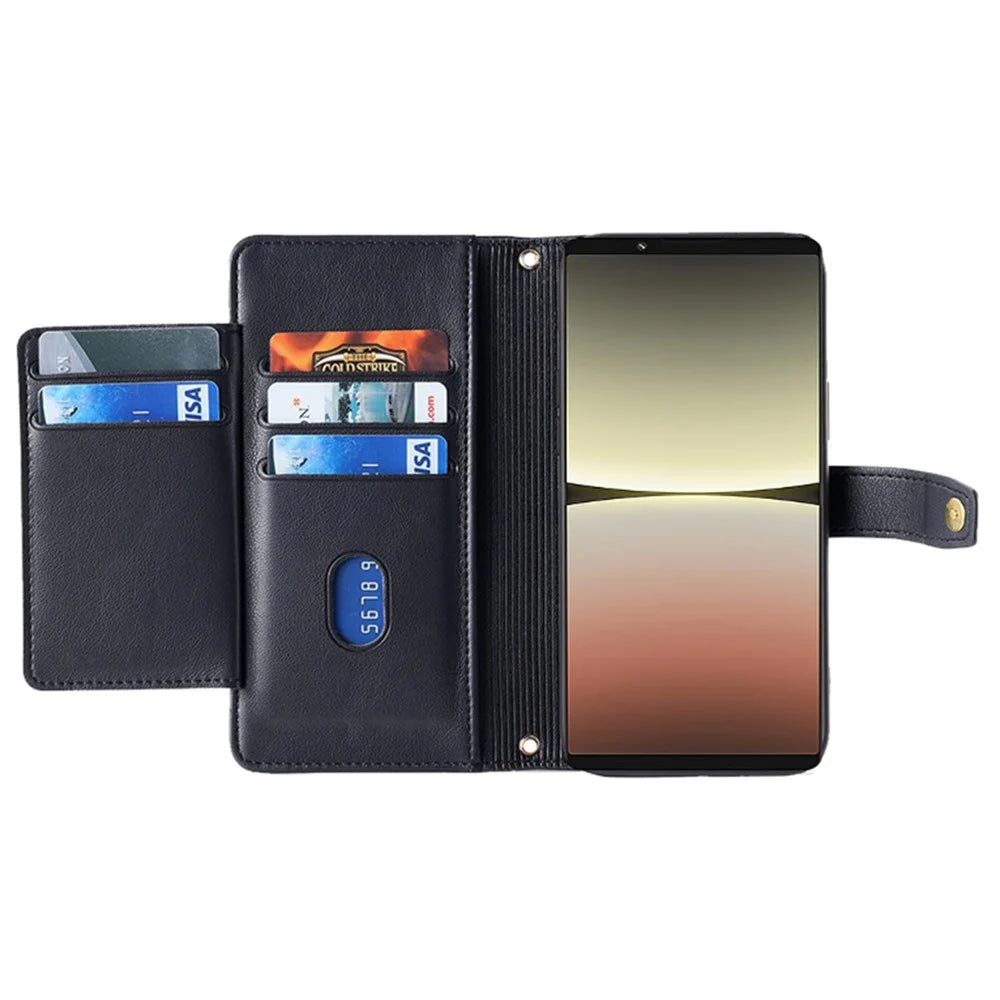 For Sony Xperia 5 IV 5G Book Style PU Leather Stand Case Zipper Pocket Card Slots Flip Phone Cover with Wrist Strap and Shoulder Strap - Black - 2