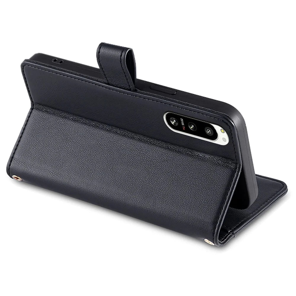For Sony Xperia 5 IV 5G Book Style PU Leather Stand Case Zipper Pocket Card Slots Flip Phone Cover with Wrist Strap and Shoulder Strap - Black - 3