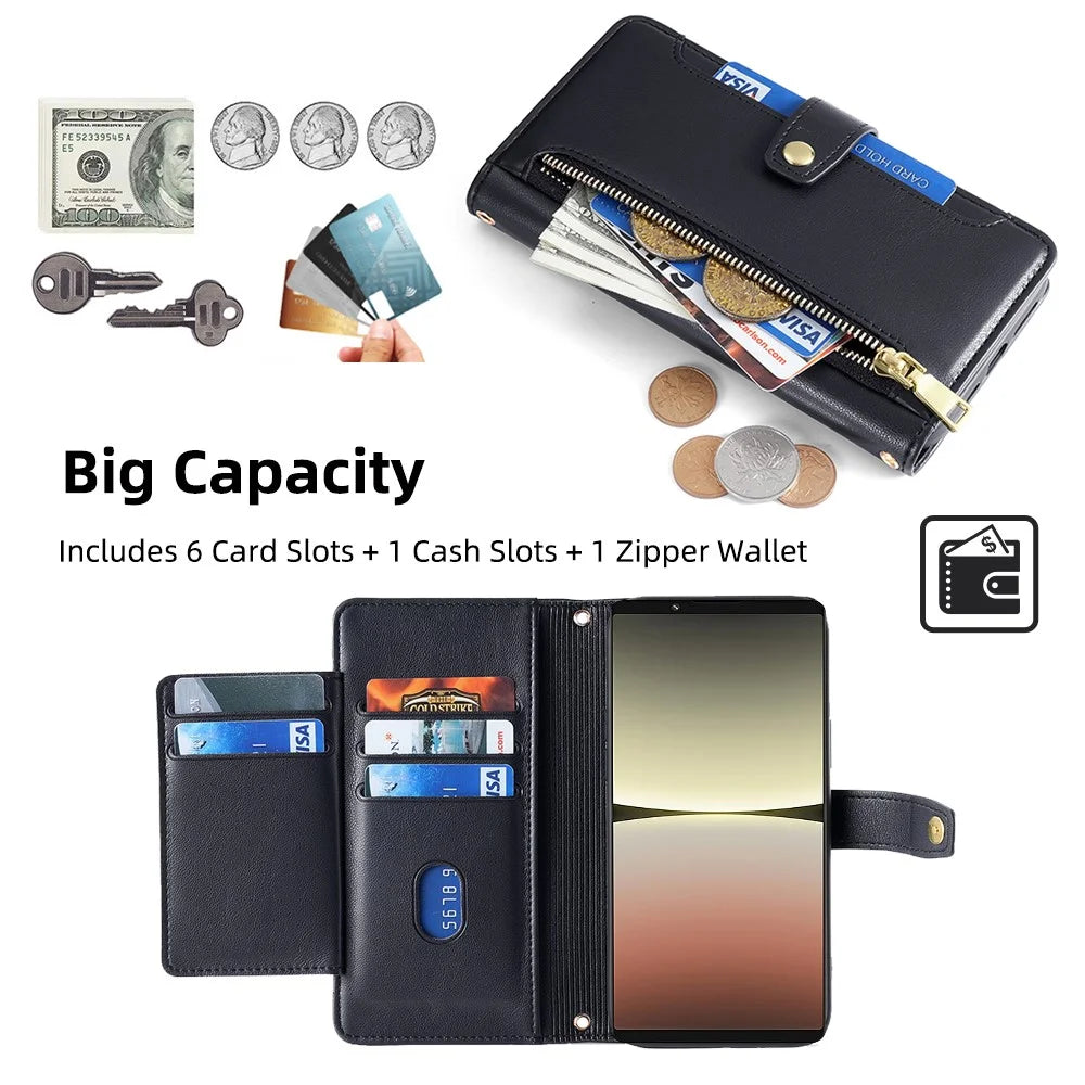 For Sony Xperia 5 IV 5G Book Style PU Leather Stand Case Zipper Pocket Card Slots Flip Phone Cover with Wrist Strap and Shoulder Strap - Black - 4