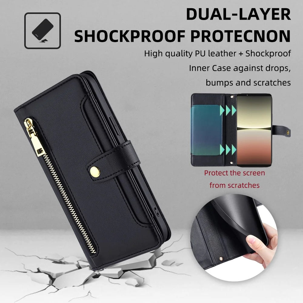 For Sony Xperia 5 IV 5G Book Style PU Leather Stand Case Zipper Pocket Card Slots Flip Phone Cover with Wrist Strap and Shoulder Strap - Black - 6