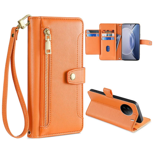 For vivo X90 5G PU Leather Stand Case Zipper Pocket Card Slots Well-Protected Flip Phone Cover with Wrist Strap and Shoulder Strap - Orange - 1