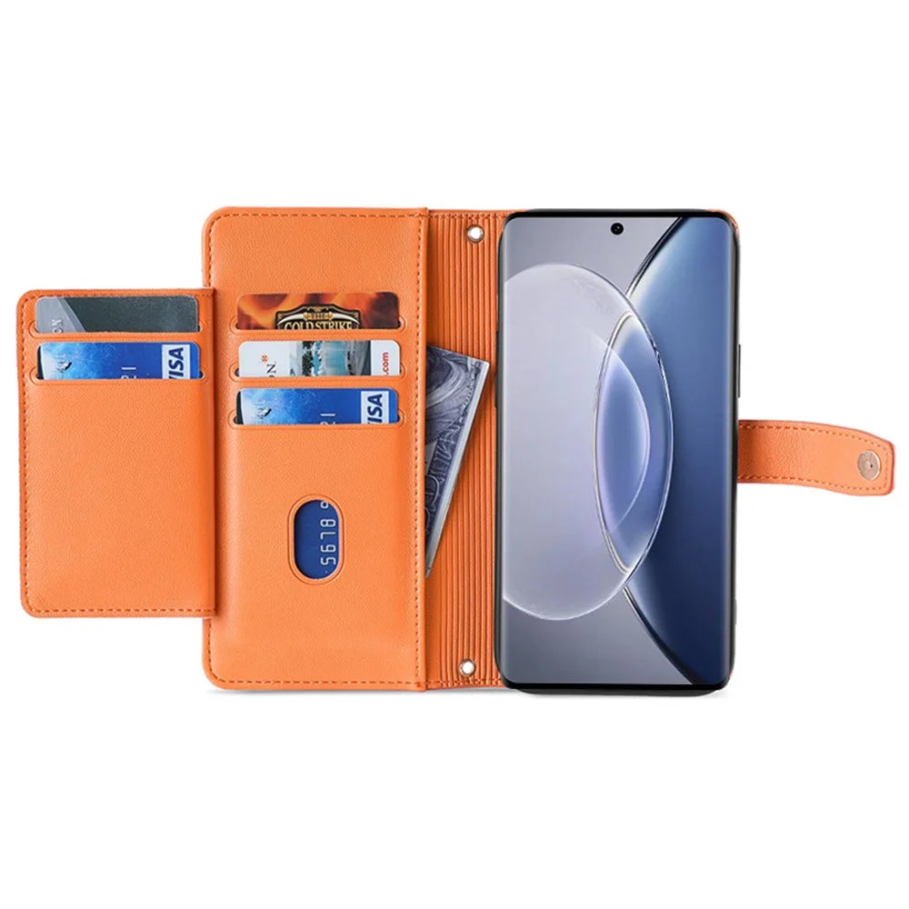 For vivo X90 5G PU Leather Stand Case Zipper Pocket Card Slots Well-Protected Flip Phone Cover with Wrist Strap and Shoulder Strap - Orange - 2