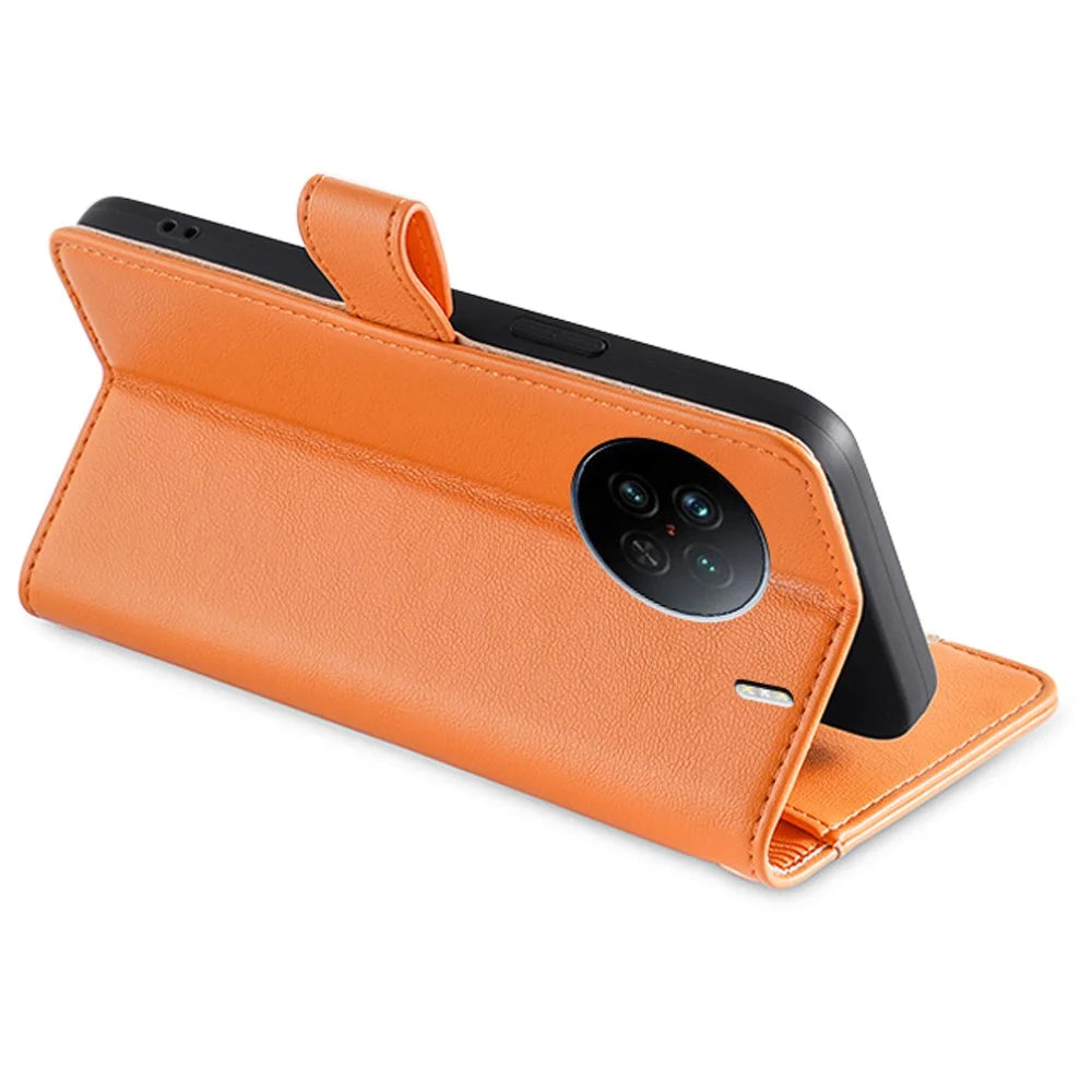 For vivo X90 5G PU Leather Stand Case Zipper Pocket Card Slots Well-Protected Flip Phone Cover with Wrist Strap and Shoulder Strap - Orange - 3