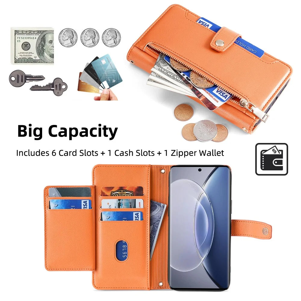For vivo X90 5G PU Leather Stand Case Zipper Pocket Card Slots Well-Protected Flip Phone Cover with Wrist Strap and Shoulder Strap - Orange - 4