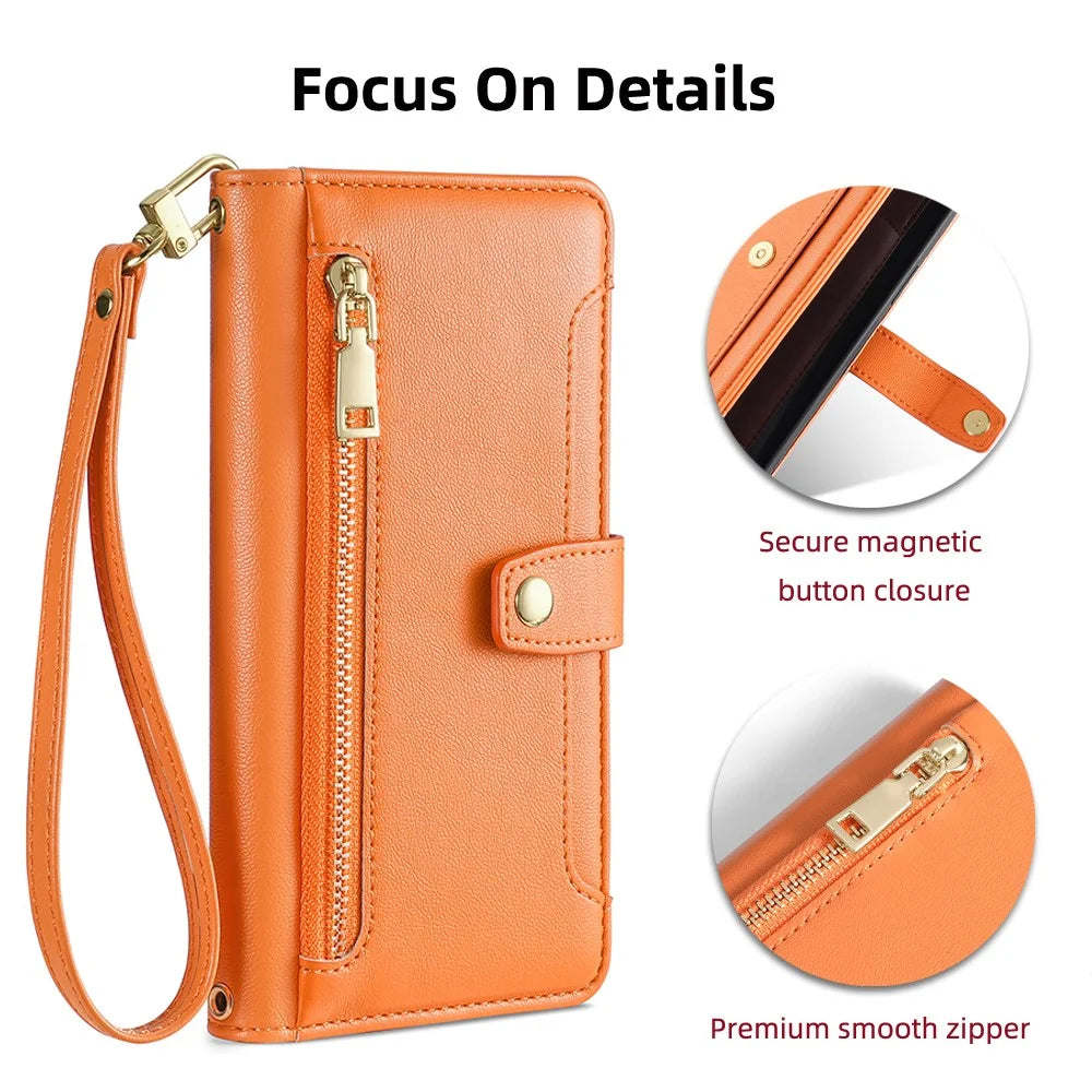For vivo X90 5G PU Leather Stand Case Zipper Pocket Card Slots Well-Protected Flip Phone Cover with Wrist Strap and Shoulder Strap - Orange - 5