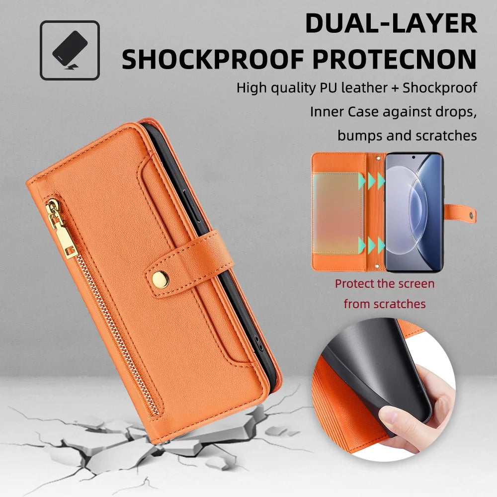 For vivo X90 5G PU Leather Stand Case Zipper Pocket Card Slots Well-Protected Flip Phone Cover with Wrist Strap and Shoulder Strap - Orange - 6