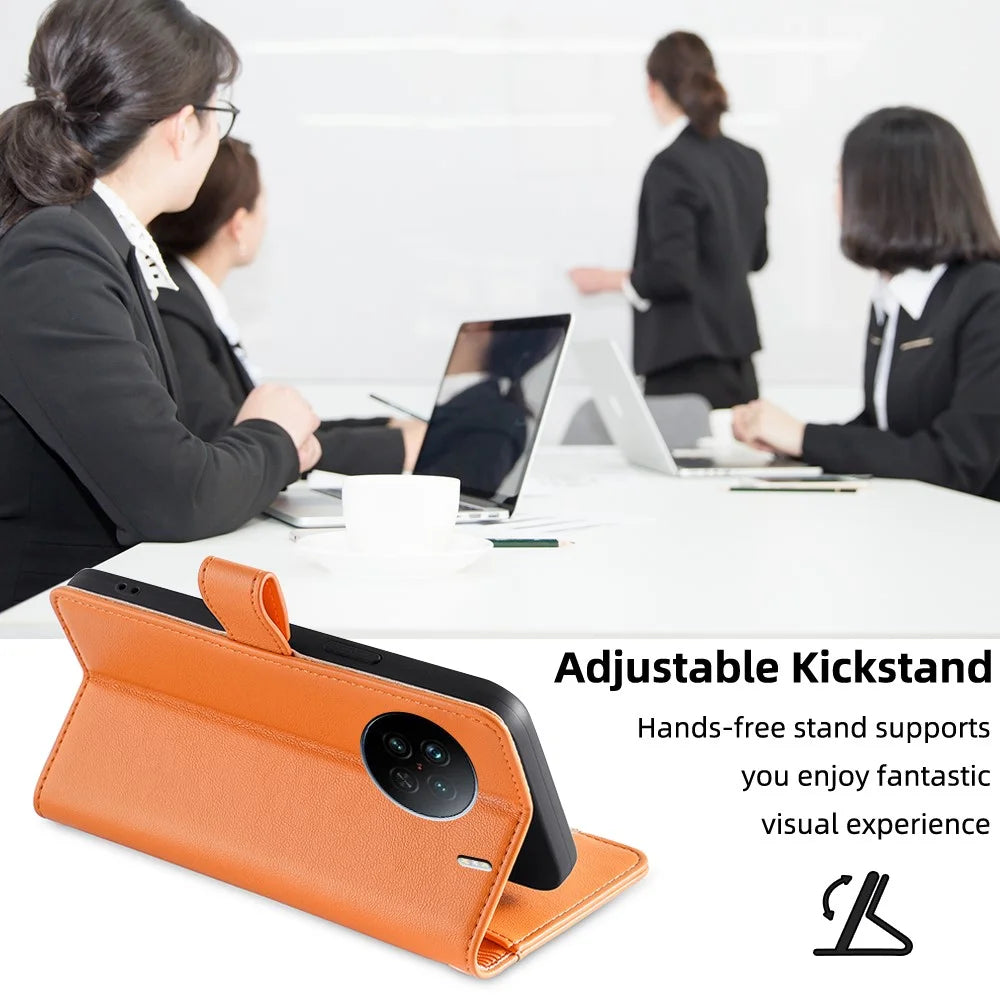 For vivo X90 5G PU Leather Stand Case Zipper Pocket Card Slots Well-Protected Flip Phone Cover with Wrist Strap and Shoulder Strap - Orange - 7