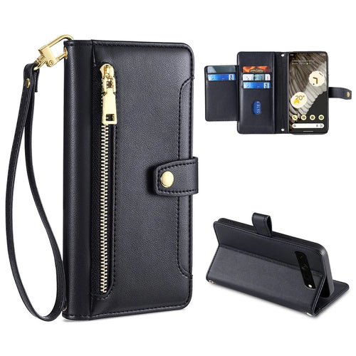 For Google Pixel 7 Pro 5G PU Leather Stand Case Zipper Pocket Phone Cover with Wrist Strap and Shoulder Strap - Black - 1