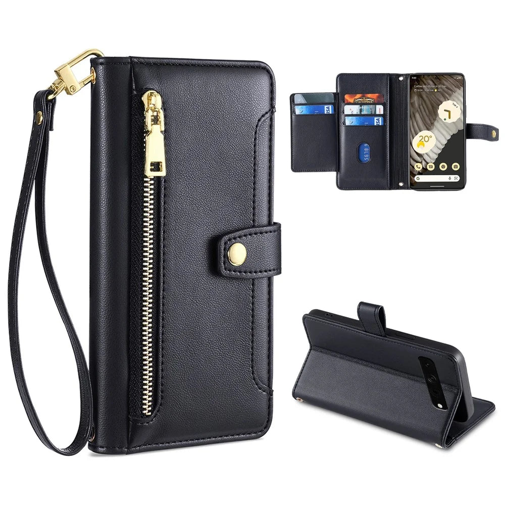 For Google Pixel 7 Pro 5G PU Leather Stand Case Zipper Pocket Phone Cover with Wrist Strap and Shoulder Strap - Black - 1