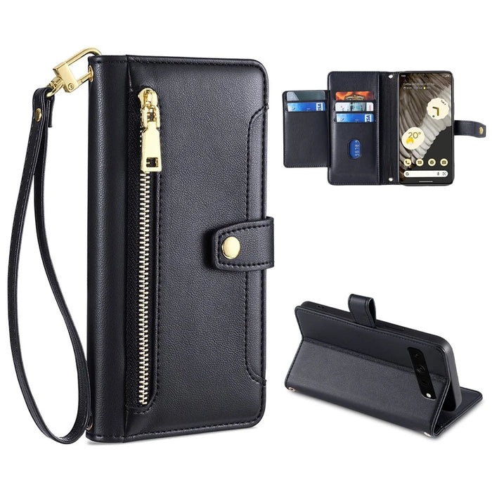 For Google Pixel 7 Pro 5G PU Leather Stand Case Zipper Pocket Phone Cover with Wrist Strap and Shoulder Strap - Black - 1