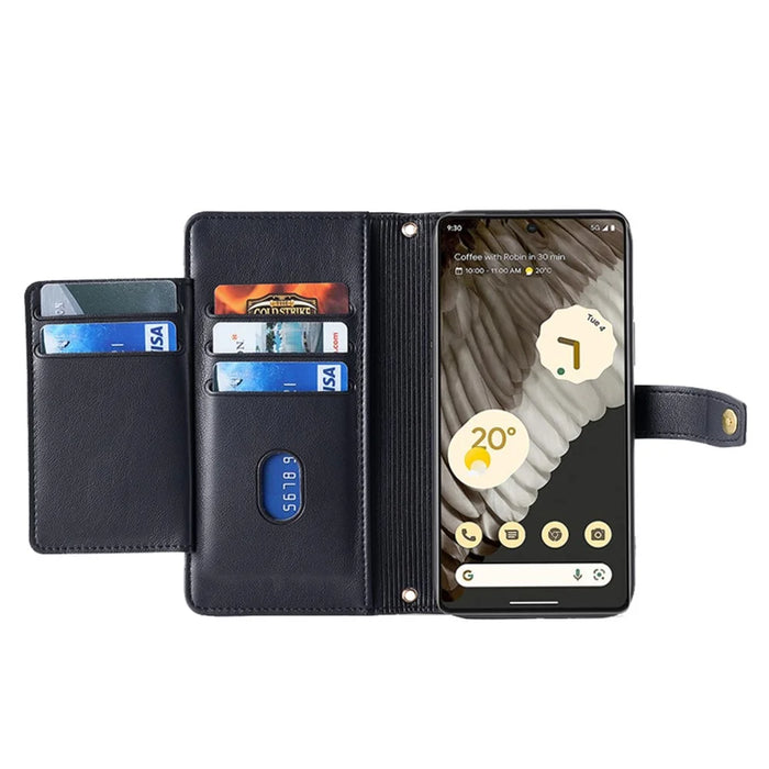 For Google Pixel 7 Pro 5G PU Leather Stand Case Zipper Pocket Phone Cover with Wrist Strap and Shoulder Strap - Black - 2