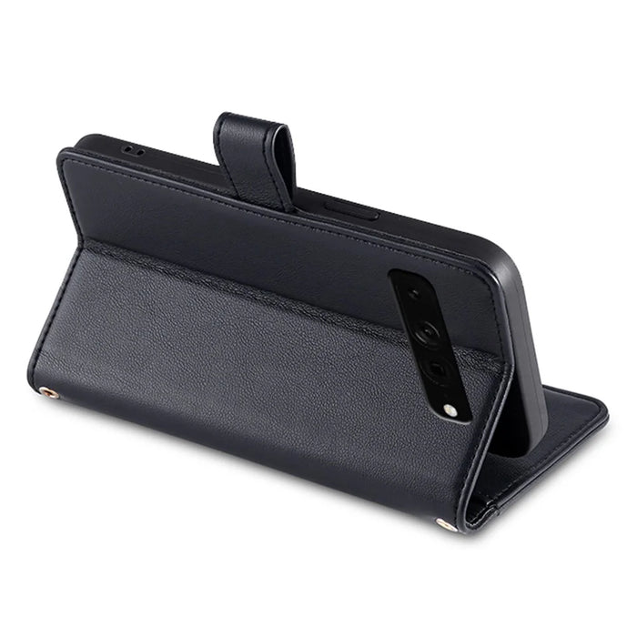 For Google Pixel 7 Pro 5G PU Leather Stand Case Zipper Pocket Phone Cover with Wrist Strap and Shoulder Strap - Black - 3