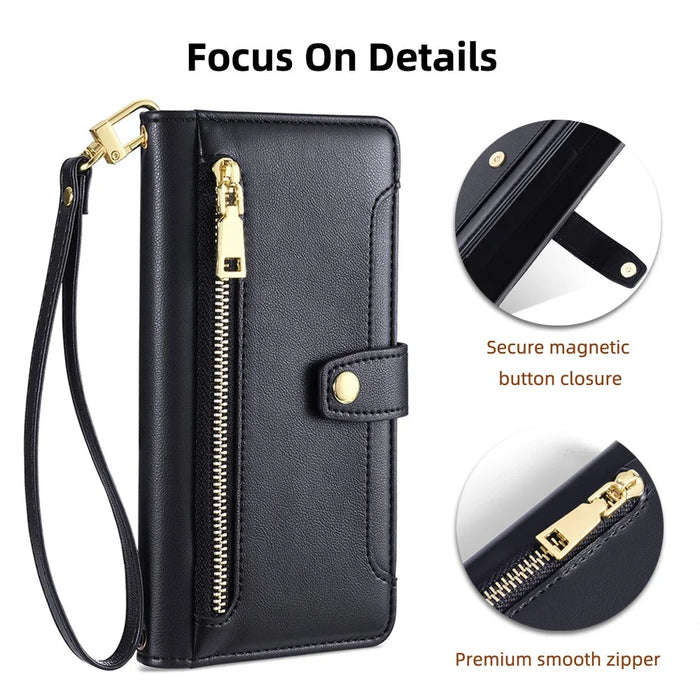 For Google Pixel 7 Pro 5G PU Leather Stand Case Zipper Pocket Phone Cover with Wrist Strap and Shoulder Strap - Black - 6