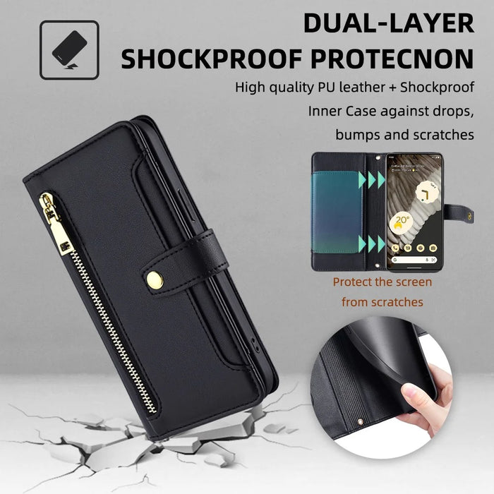 For Google Pixel 7 Pro 5G PU Leather Stand Case Zipper Pocket Phone Cover with Wrist Strap and Shoulder Strap - Black - 7
