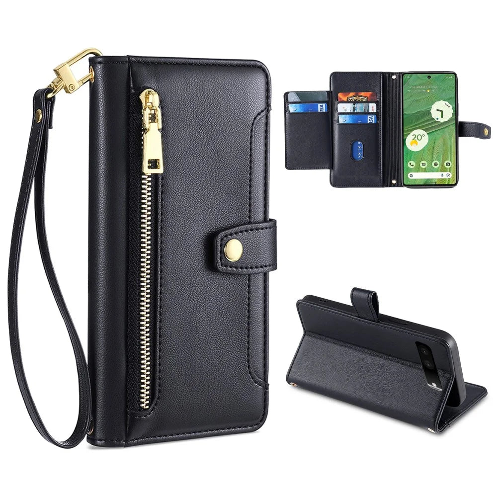 For Google Pixel 7 5G PU Leather Stand Case Zipper Pocket Phone Cover with Wrist Strap and Shoulder Strap - Black - 1